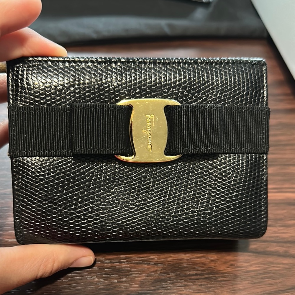 Salvatore Ferragamo Black Textured Wallet with Gold Buckle